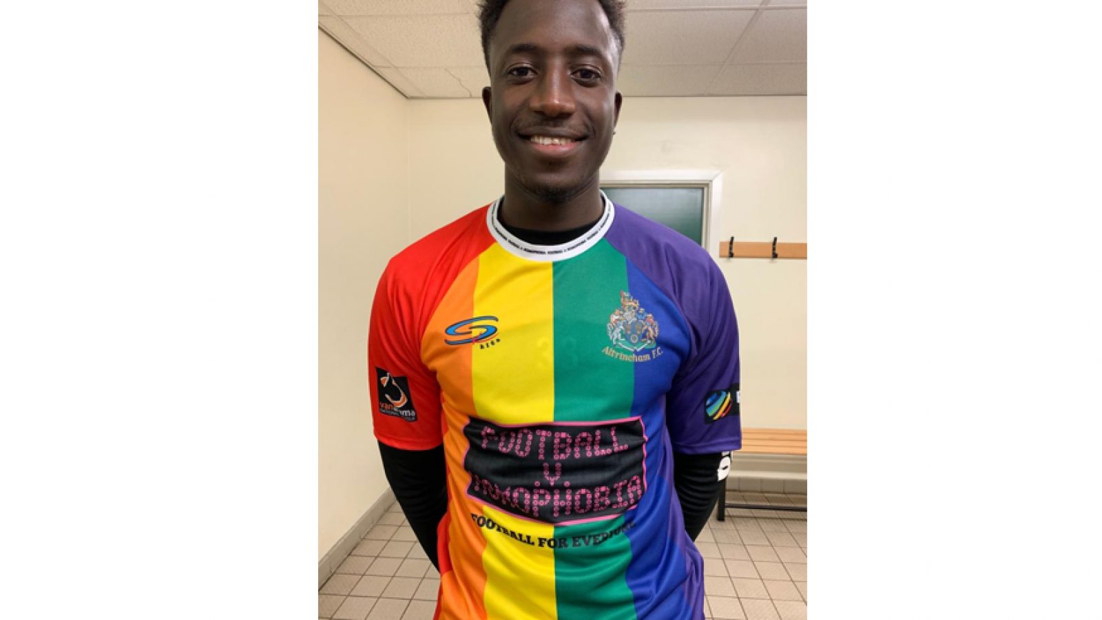 Altrincham Special football shirt 2019. Sponsored by Football v Homophobia