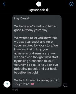 Text received by Daniel from Gymshark 