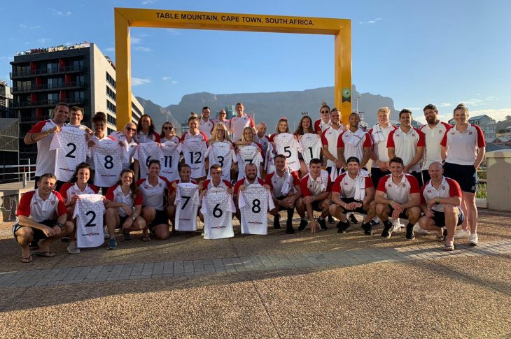 England's mens' and women's Sevens teams pose together in team casualwear.