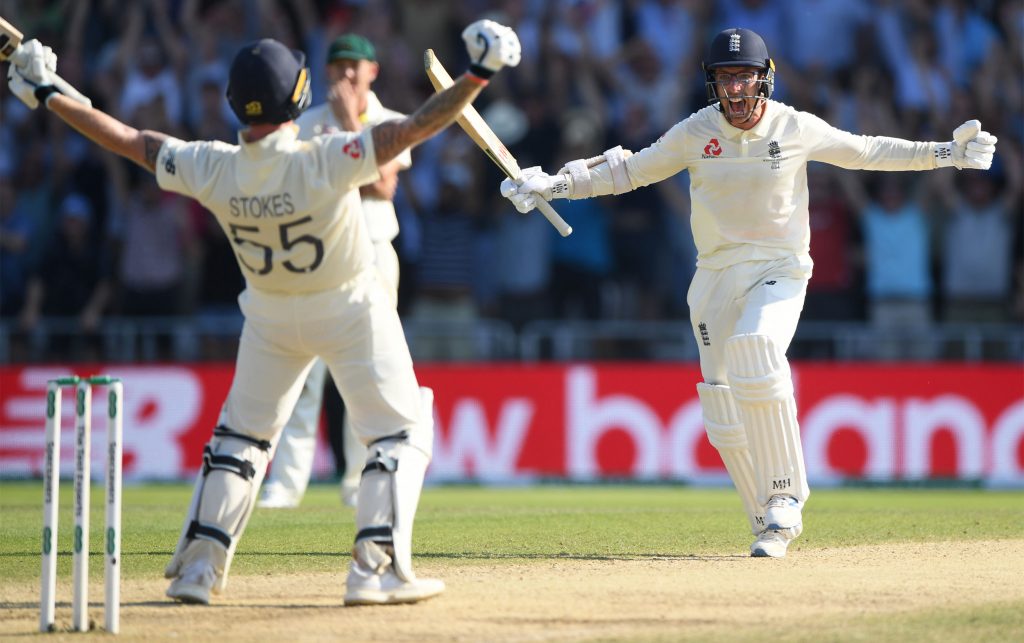 Ben Stokes and Jack Leach celebrate the moment of victory for England against Australia at Headingley in 2019