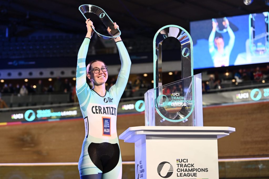 Archibald with the UCI Track Champions League Women's Enduirance trophy. Credit - UCI Track Champions League