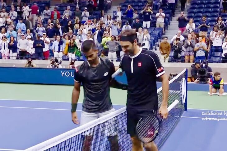 Federer with Indian tennis player Sumit Nagal/ Photo Source: Nitin Mujumdar