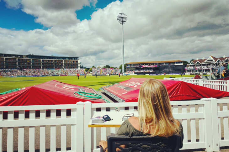 Annie Chave watching her favoured Somerset Cricket Club play from the boundary.
