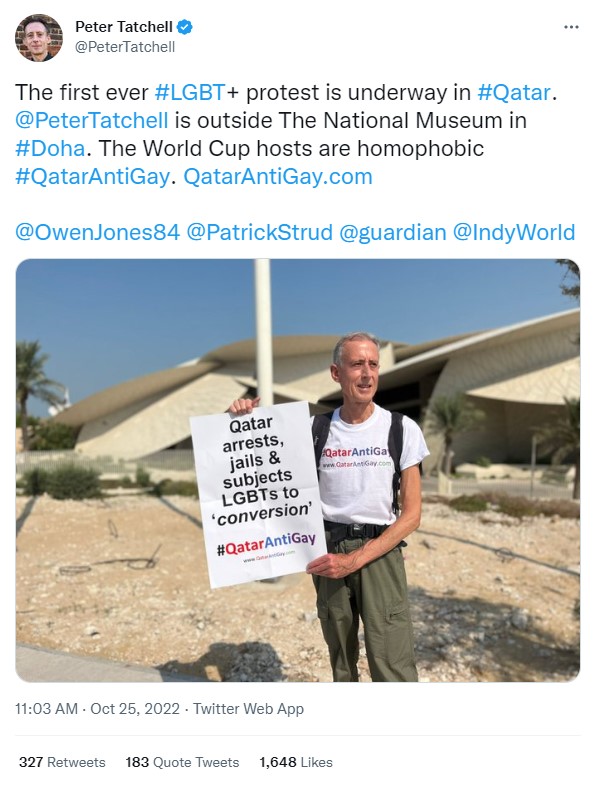 Peter Tatchell Protests in Qatar: Photo from PeterTatchell via Twitter