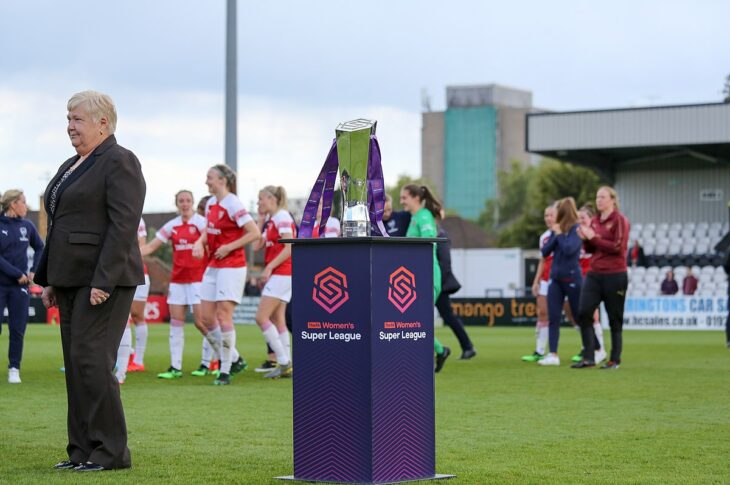 The WSL trophy on a stand in the middle of Meadow Park