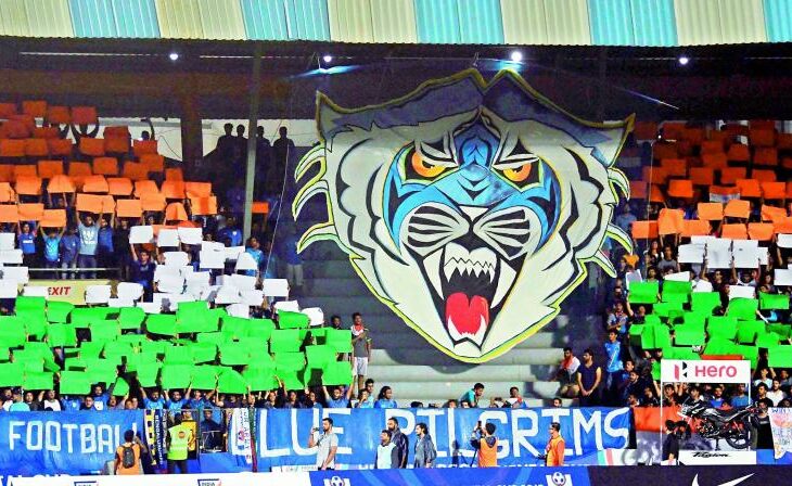 ndian football fans display a tifo depicting a roaring blue tiger