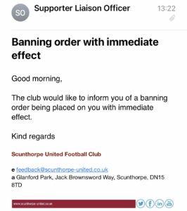 Screenshot of Banning Order received by the Iron Bru podcast on Monday