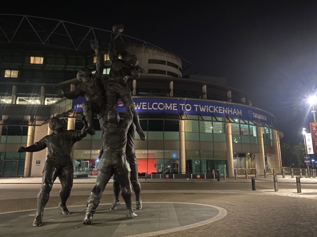 Exterior shot of Twickenham Stadium, with the famous lineout statue in the foreground