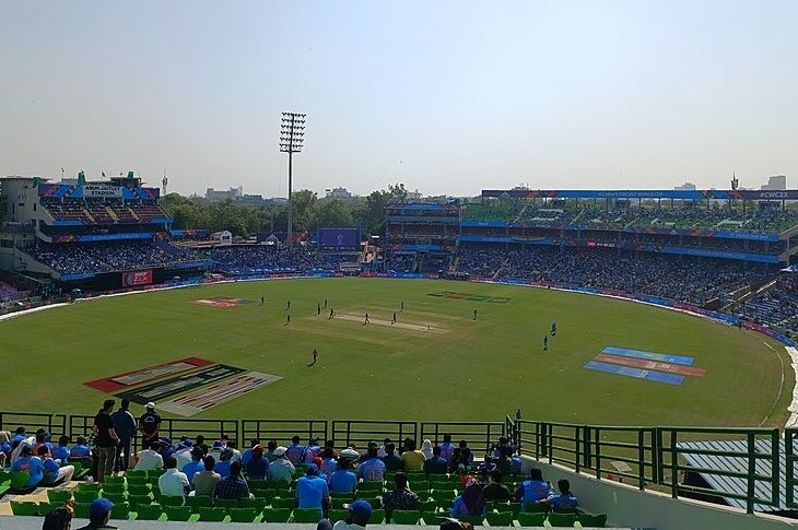 A long view of a cricket stadium in India.