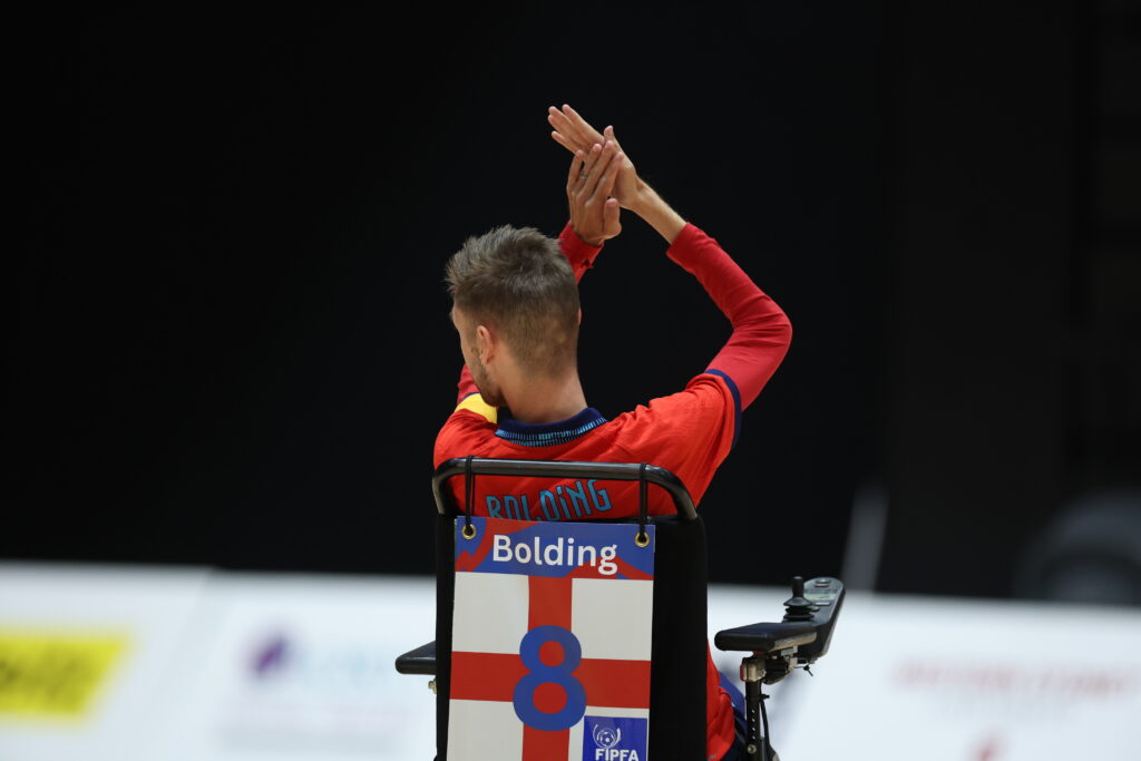 SYDNEY, AUSTRALIA - OCTOBER 20: Jonathan Bolding of England thanks the crowd after the 2023 FIPFA Powerchair World Cup final match between England and France at the Quay Centre on October 20, 2023 in Sydney, Australia.