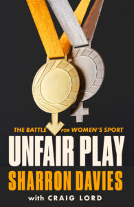 Book cover for Unfair Play: The Battle for Women's Sport displayng gold and silver medals on a black background