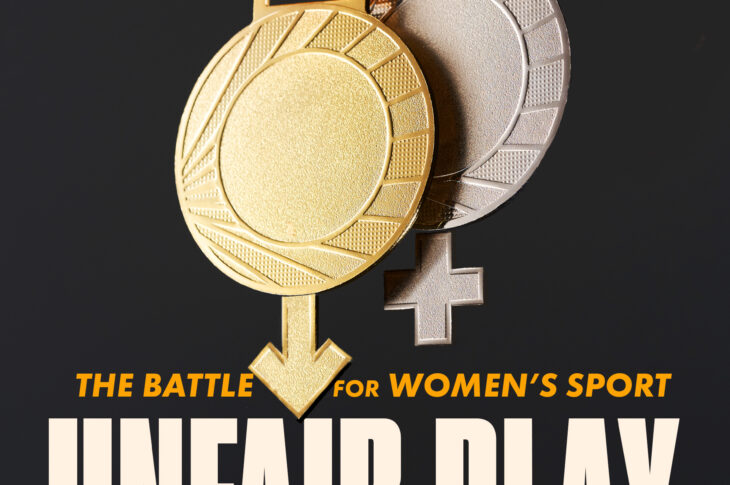 Book cover for Unfair Play: The Battle for Women's Sport displayng gold and silver medals on a black background