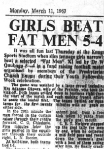 Newspaper clipping from 1963 with the headline "Girls Beat Fat Men 5-4"