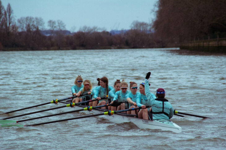 Cambridge University Boat Club Women's Trial VIIIs crew on the river.