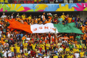 Ivory Coast fans lift a giant Ivory Coast flag in the stands at the 2014 World Cup