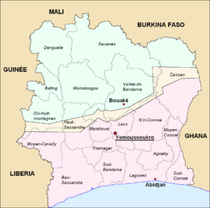A map showing that the north of Ivory Coast was held by the rebels, but the south was held by the loyalists. Bouake was the rebel capital, but Abidjan was the loyalist one.