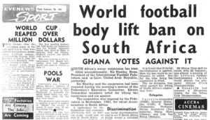 Headline: "World football body lift ban on South Africa: Ghana votes against it"