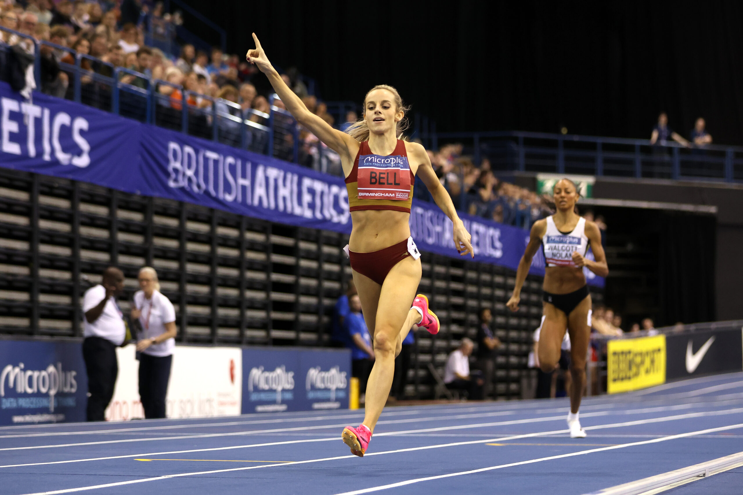 BIRMINGHAM, ENGLAND - FEBRUARY 18: Gold medalist, Georgia Bell of Great Britain, crosses the line in the Women's 1500m Final during day two of the at Utilita Arena Birmingham on February 18, 2024 in Birmingham, England. 