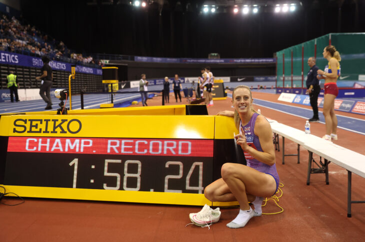 BIRMINGHAM, ENGLAND - FEBRUARY 18: Gold medalist, Jemma Reekie of Great Britain, poses for a photo after setting a new championship record in the Women's 800m Final during day two of the 2024 Microplus UK Athletics Indoor Championships at Utilita Arena Birmingham on February 18, 2024 in Birmingham, England.