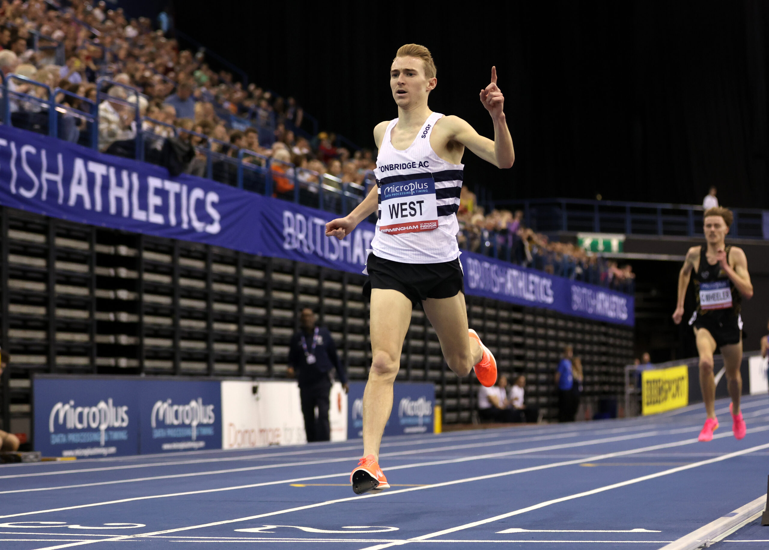 BIRMINGHAM, ENGLAND - FEBRUARY 18: Gold medalist, James West of Great Britain, crosses the line in the Men's 3000m Final during day two of the 2024 Microplus UK Athletics Indoor Championships at Utilita Arena Birmingham on February 18, 2024 in Birmingham, England. 