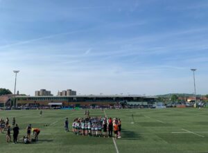 Trailfinders Women huddle following their match against Exeter Chiefs at Trailfinders Sports Ground