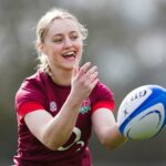 Millie David of England Rugby Women's U20 team passes the ball in training