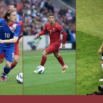 Graphic showing the following players in action from left to right: Modric in a Croatian kit, Ronaldo in a Portuguese strip, Kroos in a Germany strip