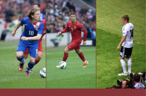 Graphic showing the following players in action from left to right: Modric in a Croatian kit, Ronaldo in a Portuguese strip, Kroos in a Germany strip